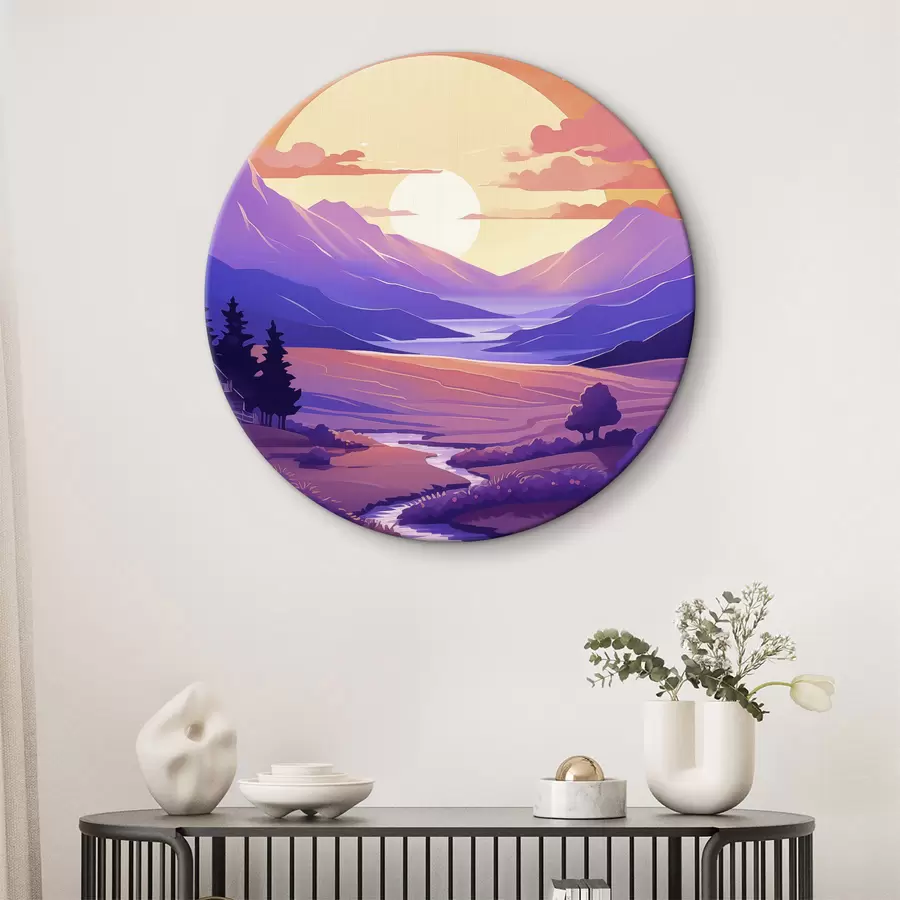 Wandbilder Lila Sonnenuntergang in den Bergen, Fluss, Bäume, kleines Haus r40949