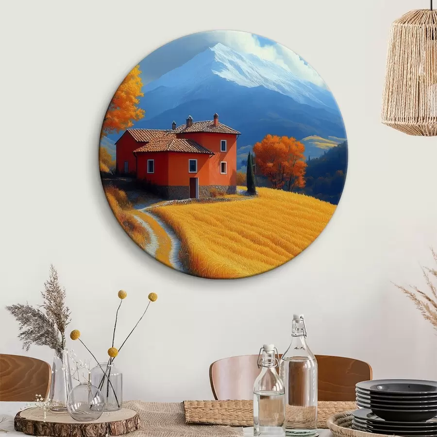 Wandbilder Eine Hütte auf einem Feld mit herbstlichen Bergen im Hintergrund r40962