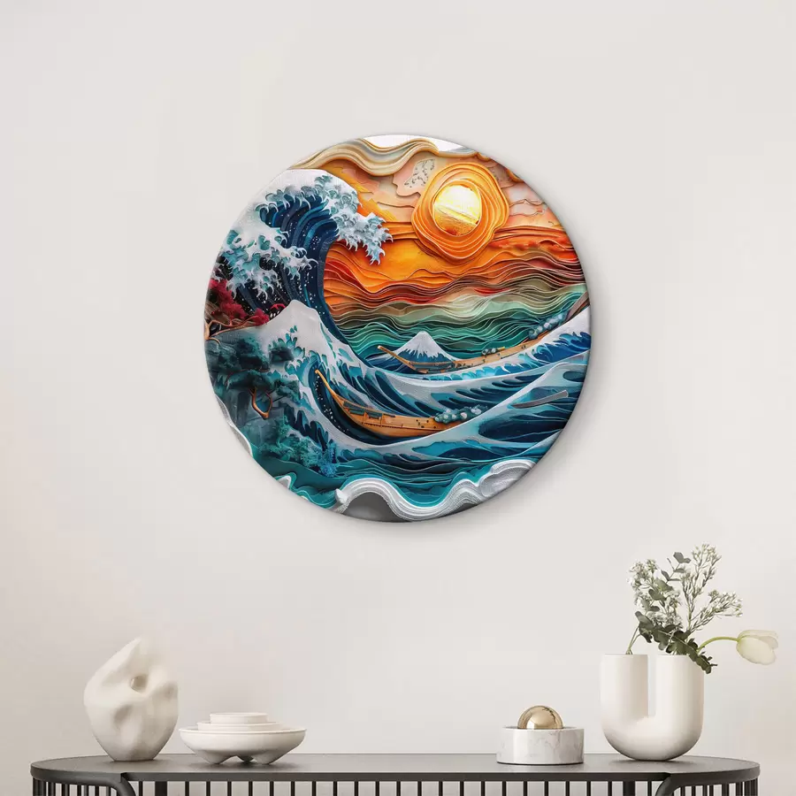 Wandbilder Nachahmung eines Flachreliefs: ein tosendes Meer mit Booten und der Sonne r40976