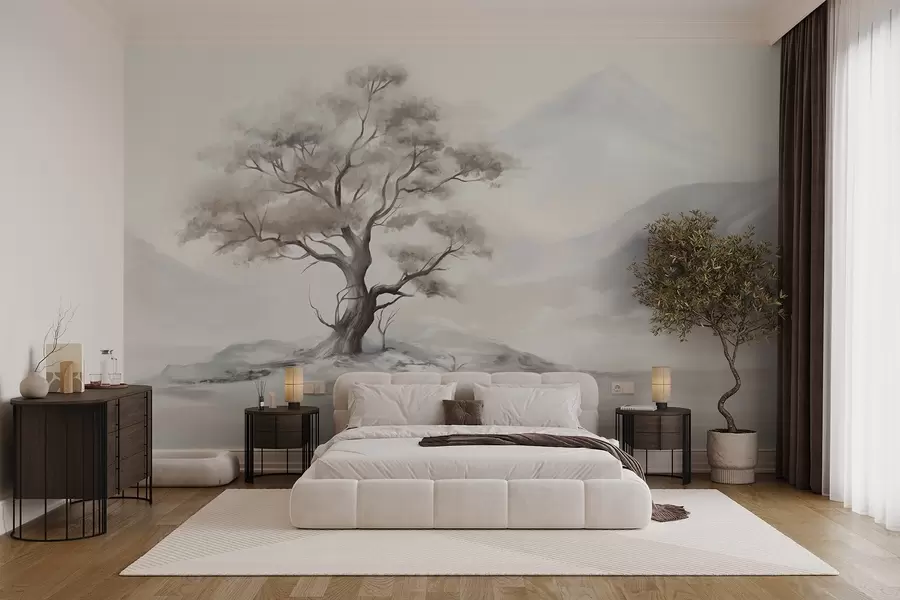 Fototapete Eine minimalistische Zeichnung eines einsamen, verdrehten Baums in einer trostlosen, felsigen Landschaft mit Bergen im Hintergrund w08604