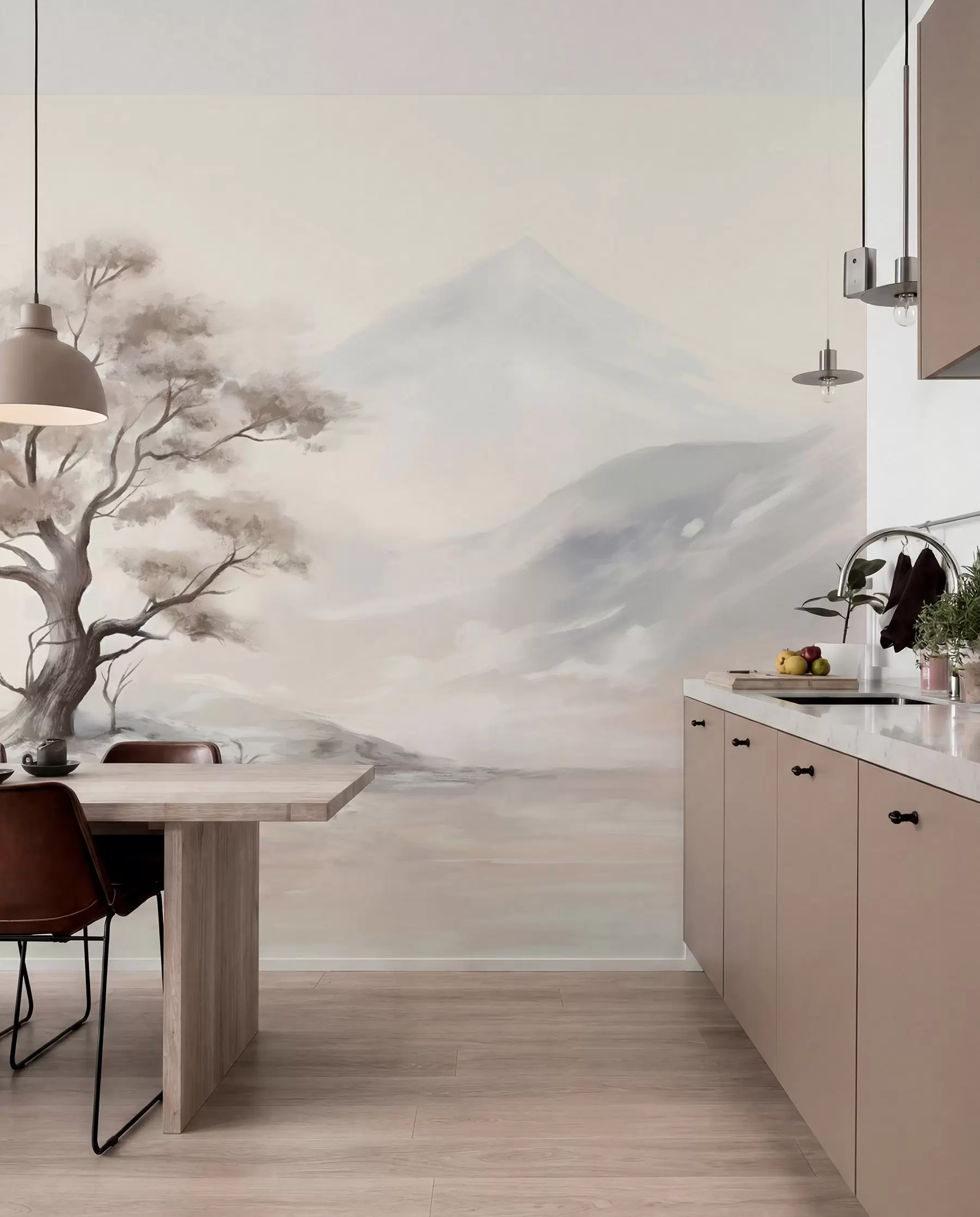 Fototapete Eine minimalistische Zeichnung eines einsamen, verdrehten Baums in einer trostlosen, felsigen Landschaft mit Bergen im Hintergrund w08604