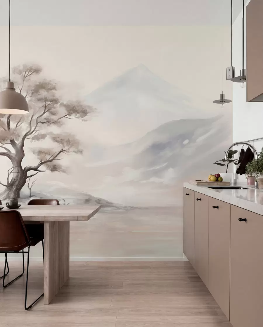 Fototapete Eine minimalistische Zeichnung eines einsamen, verdrehten Baums in einer trostlosen, felsigen Landschaft mit Bergen im Hintergrund w08604