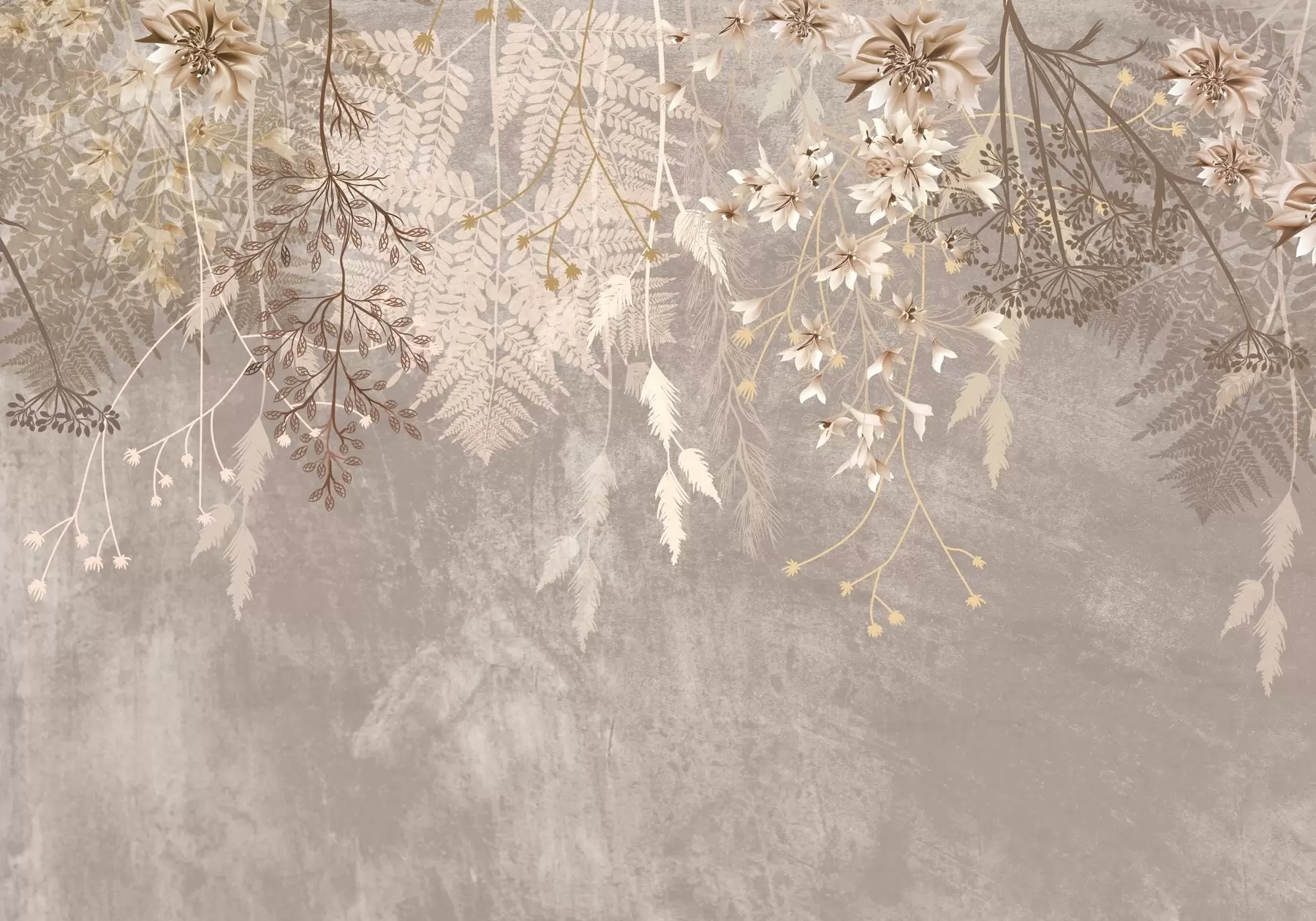 Fototapete Eine verträumte, zarte, wispy Pflanzen, Ährchen und Blumen in braunen Pastellfarben vor einem dunstigen, strukturierten Hintergrund w08606v1
