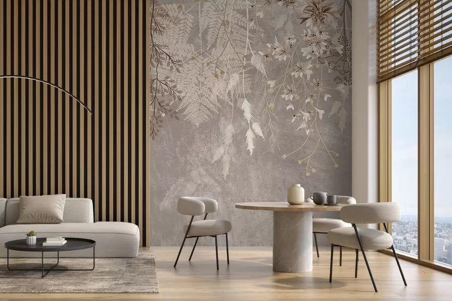 Fototapete Eine verträumte, zarte, wispy Pflanzen, Ährchen und Blumen in braunen Pastellfarben vor einem dunstigen, strukturierten Hintergrund w08606v1