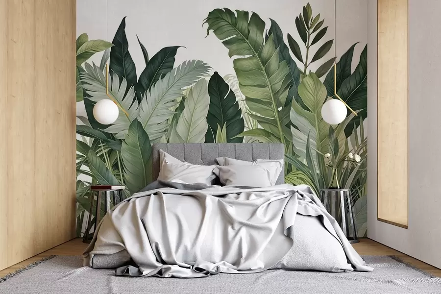 Fototapete Tropisches Laub mit verschiedenen großen grünen Blättern, darunter Bananenblätter, Palmenblätter und andere exotische Pflanzenarten w08609