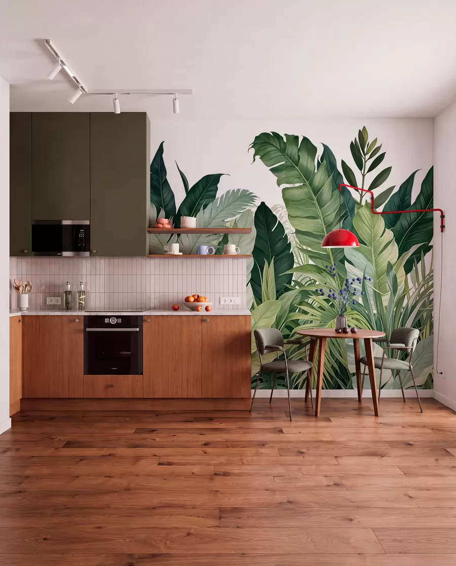 Fototapete Tropisches Laub mit verschiedenen großen grünen Blättern, darunter Bananenblätter, Palmenblätter und andere exotische Pflanzenarten w08609