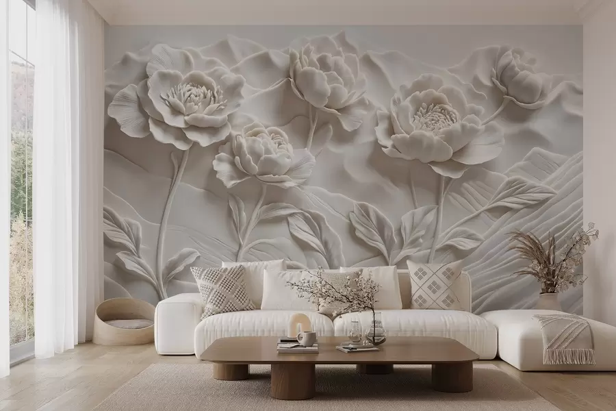 Fototapete Eine weiße florale Nachahmung einer Reliefskulptur mit großen, detaillierten Pfingstrosenblüten vor einem schlichten Hintergrund w08612