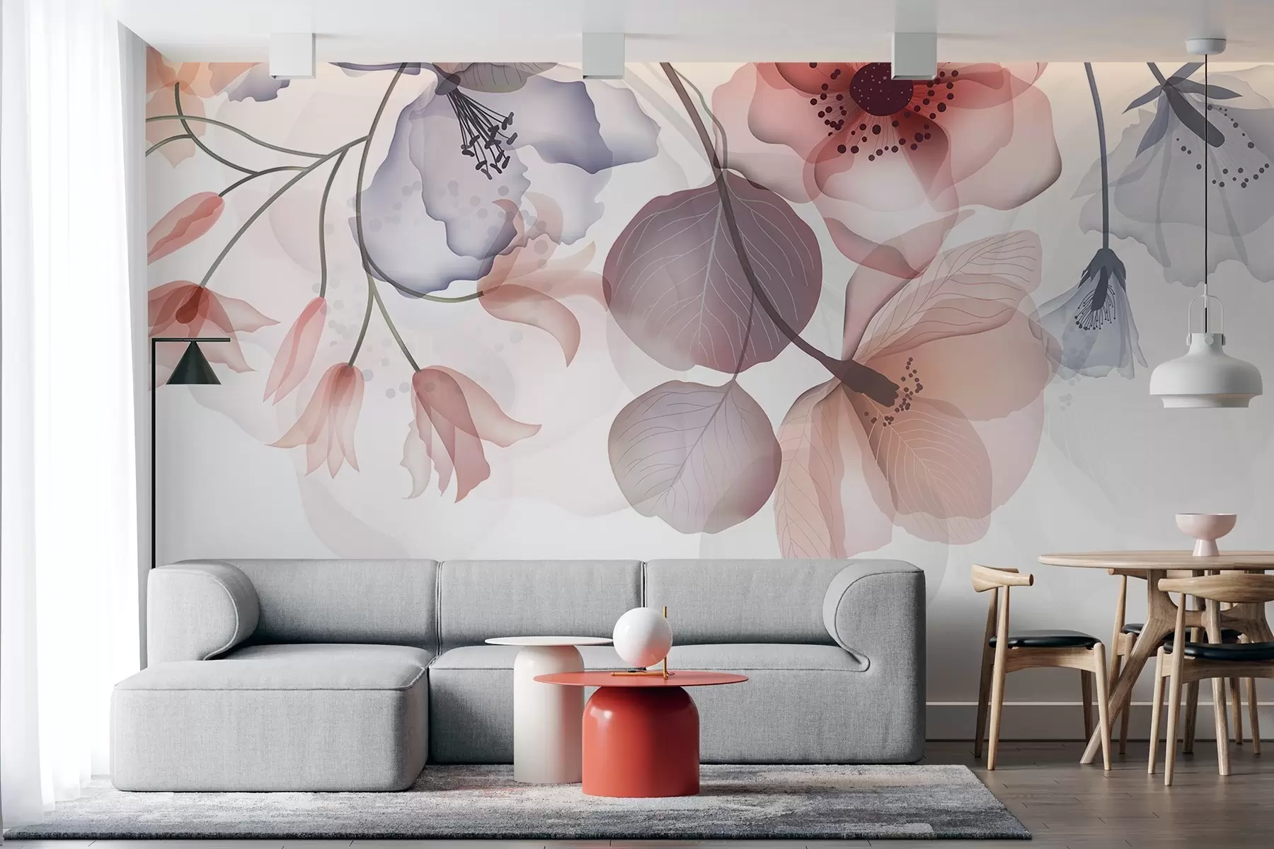 Fototapete Zarte rosa und graue durchscheinende Blüten mit weichen Blütenblättern und dunklen Zentren, vor hellem Hintergrund w08613