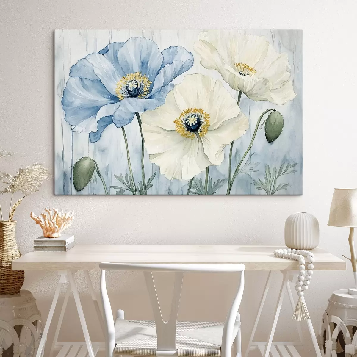 Wandbilder Blaue und weiße Mohnblumen auf einem Aquarellhintergrund s42191