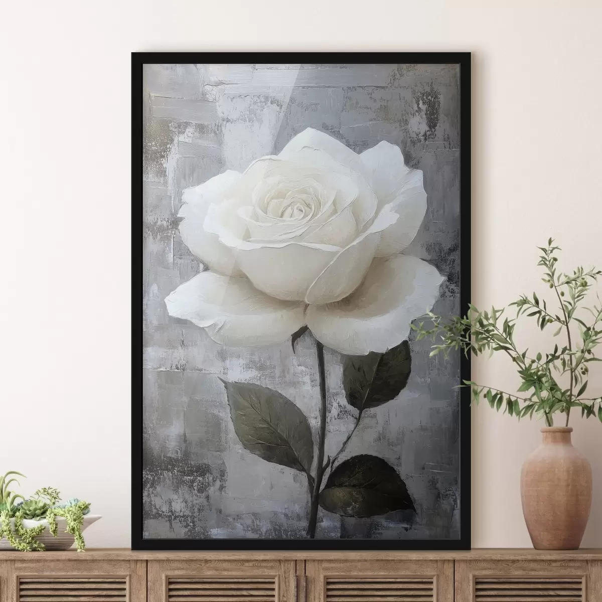 Poster Weiße Rose Hand auf Beton Hintergrund gezeichnet f42185