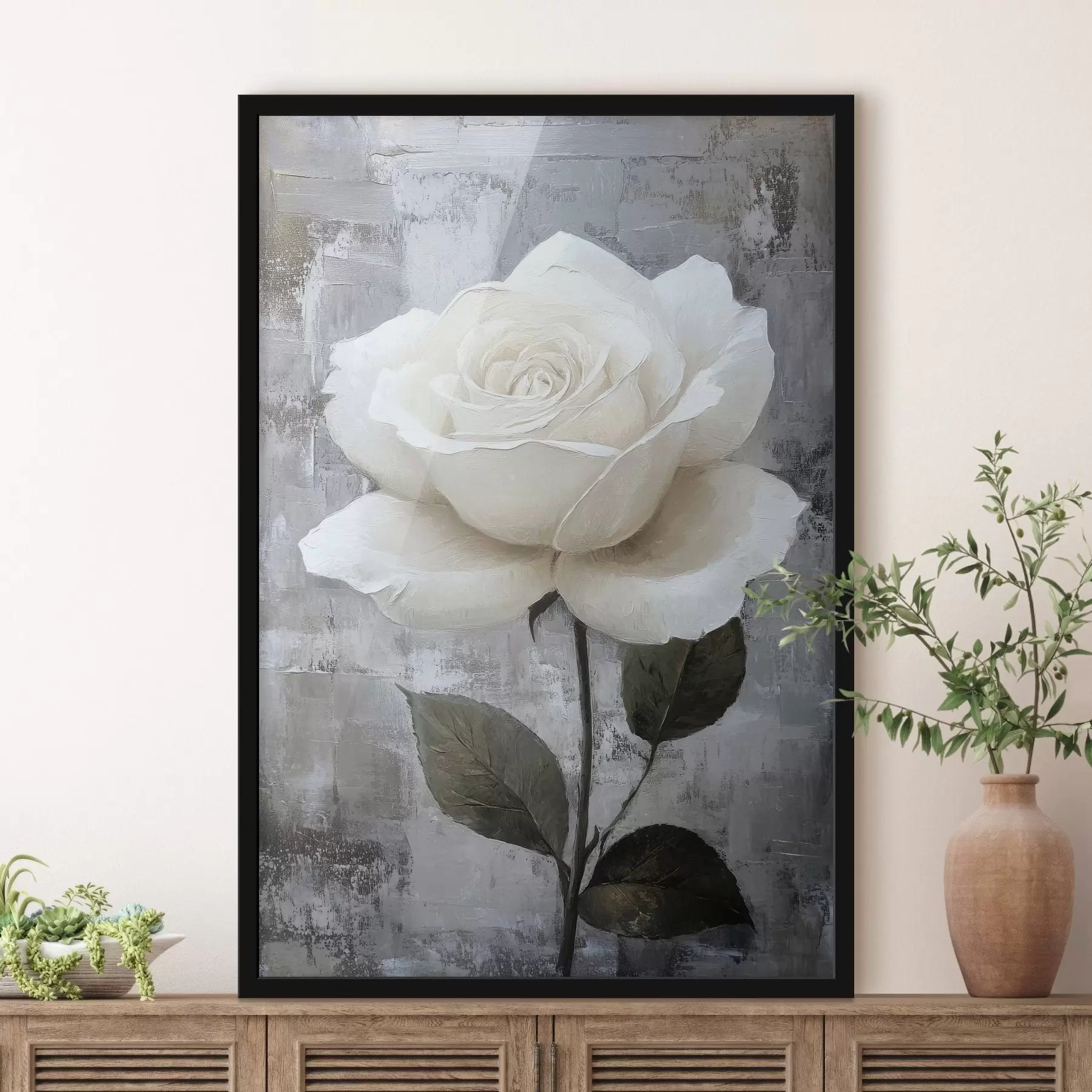 Fototapete Weiße Rose Hand auf Beton Hintergrund gezeichnet f42185