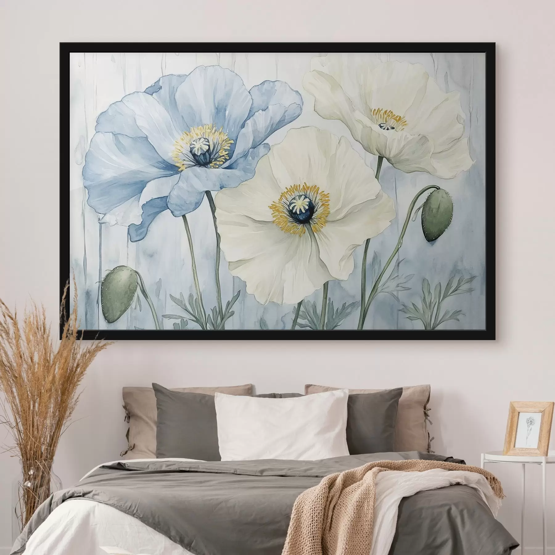 Fototapete Blaue und weiße Mohnblumen auf einem Aquarellhintergrund f42191