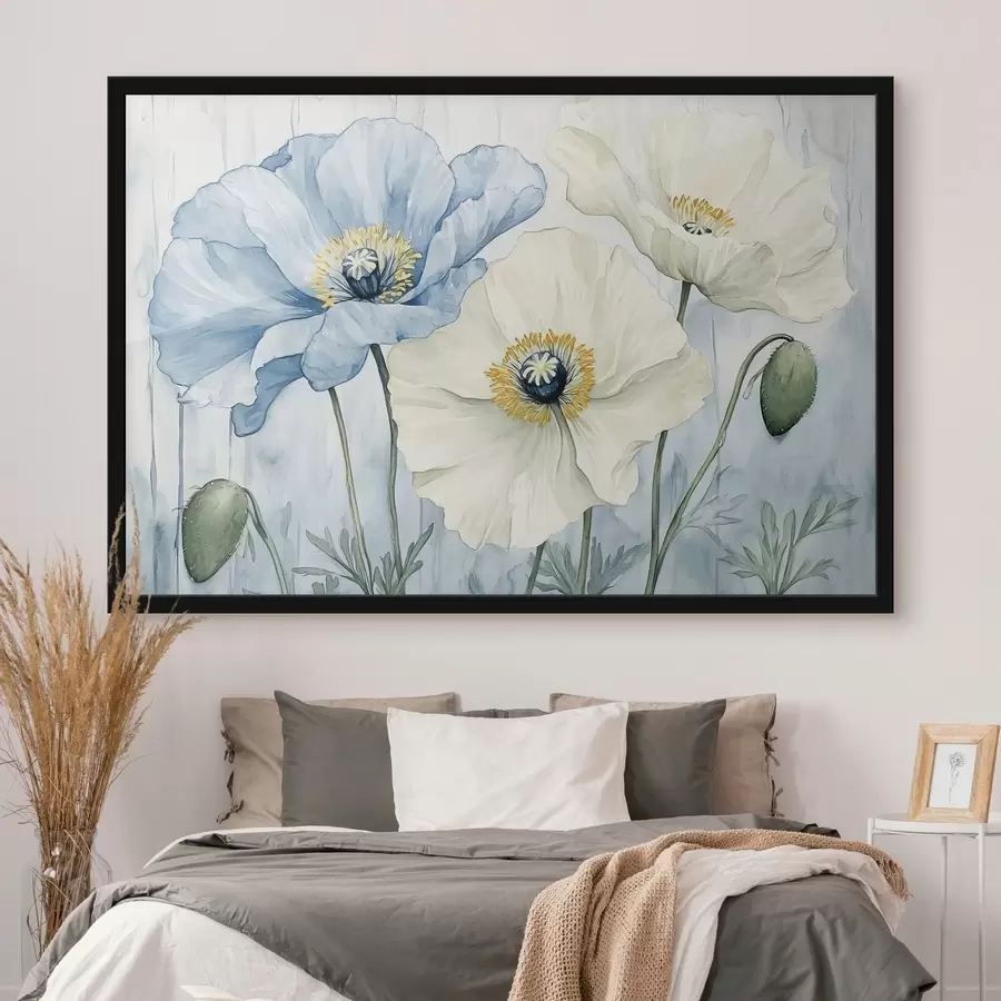 Fototapete Blaue und weiße Mohnblumen auf einem Aquarellhintergrund f42191