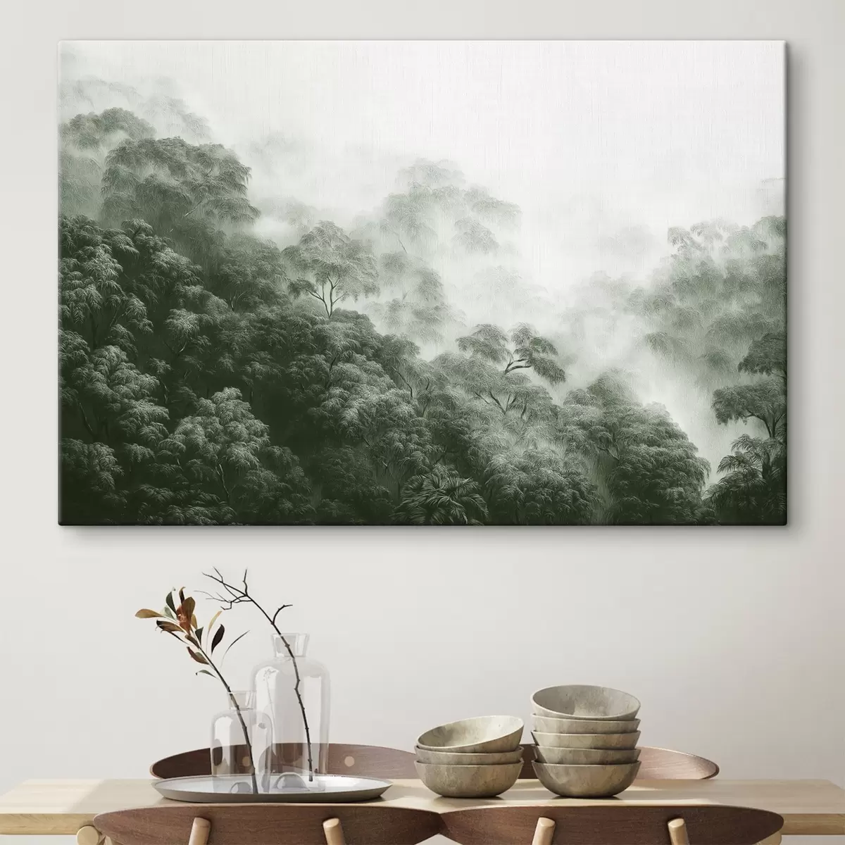 Wandbilder Tropischer Wald im Nebel, Palmen, grüne Farben s42371