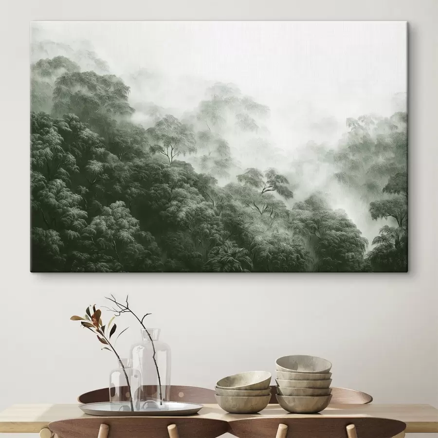 Wandbilder Tropischer Wald im Nebel, Palmen, grüne Farben s42371