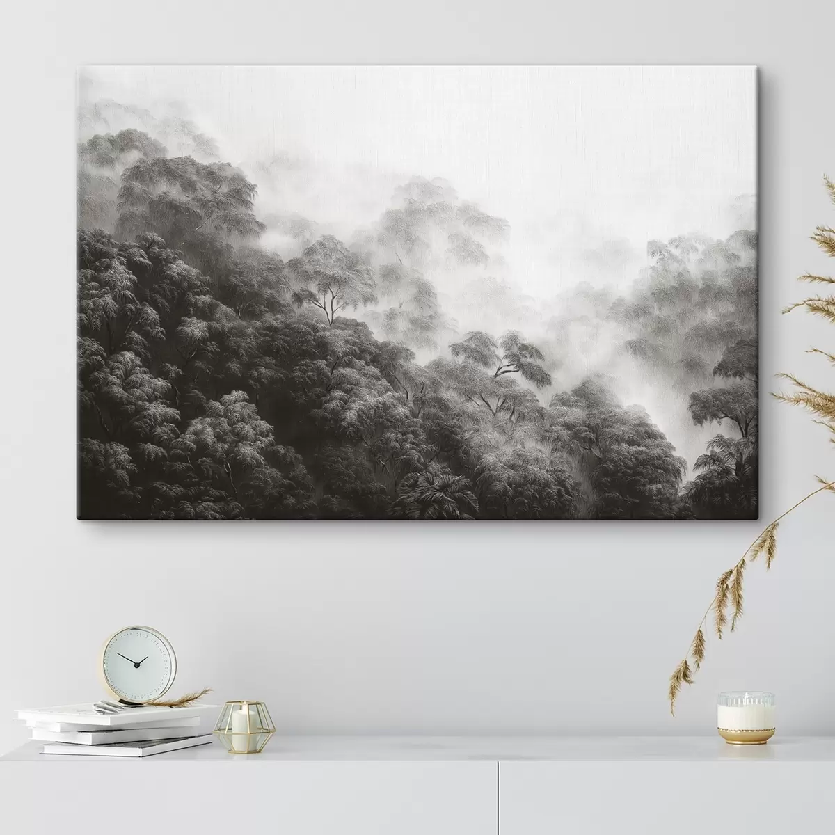 Wandbilder Tropischer Wald im Nebel, Palmen, graue Farben s42371v1