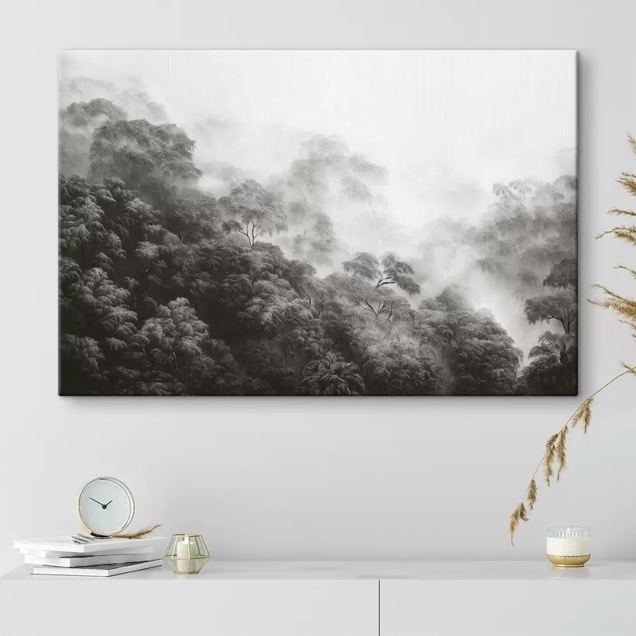 Wandbilder Tropischer Wald im Nebel, Palmen, graue Farben s42371v1