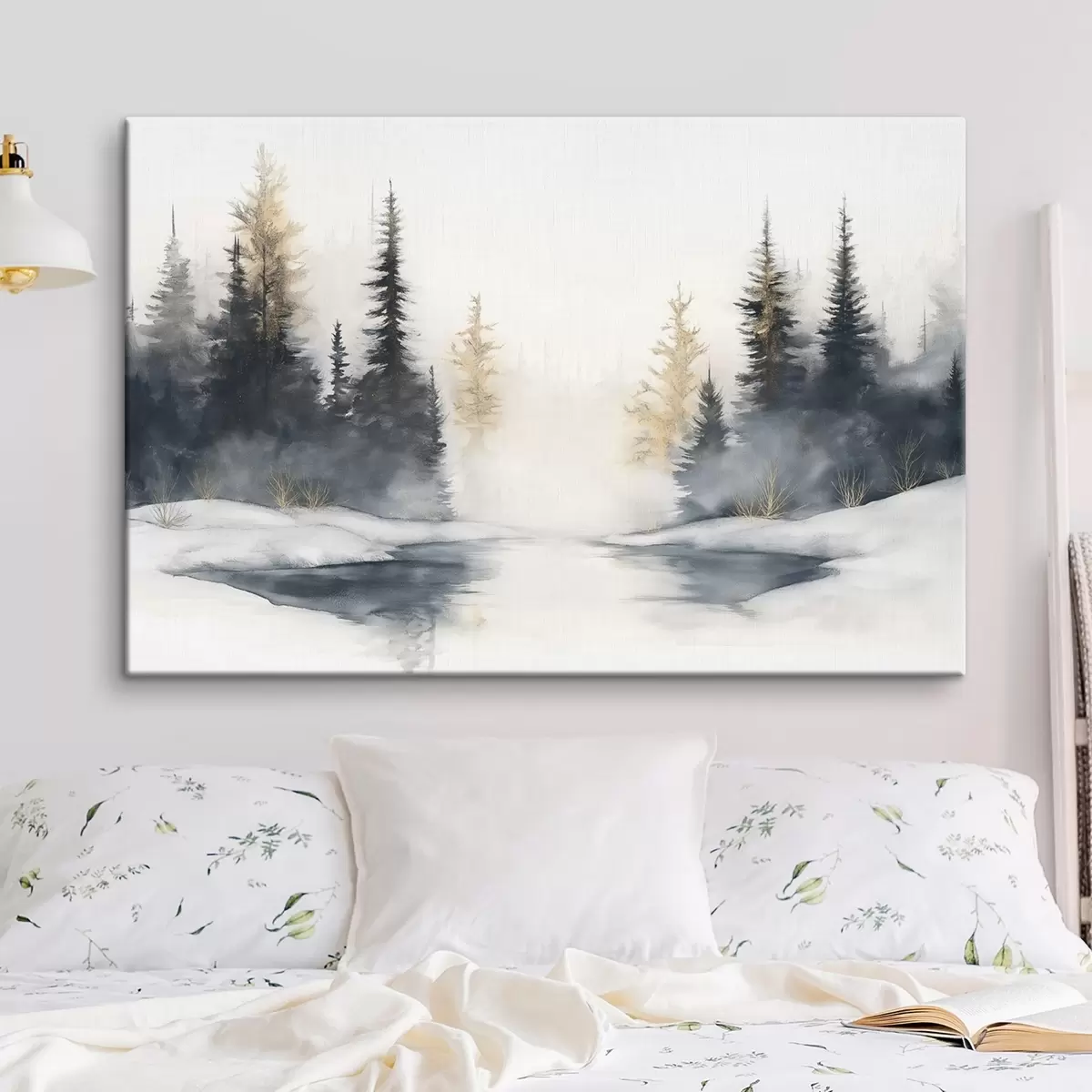 Wandbilder Winterlandschaft mit Fluss und Kiefern, Natur, Wald, Nebel s42374