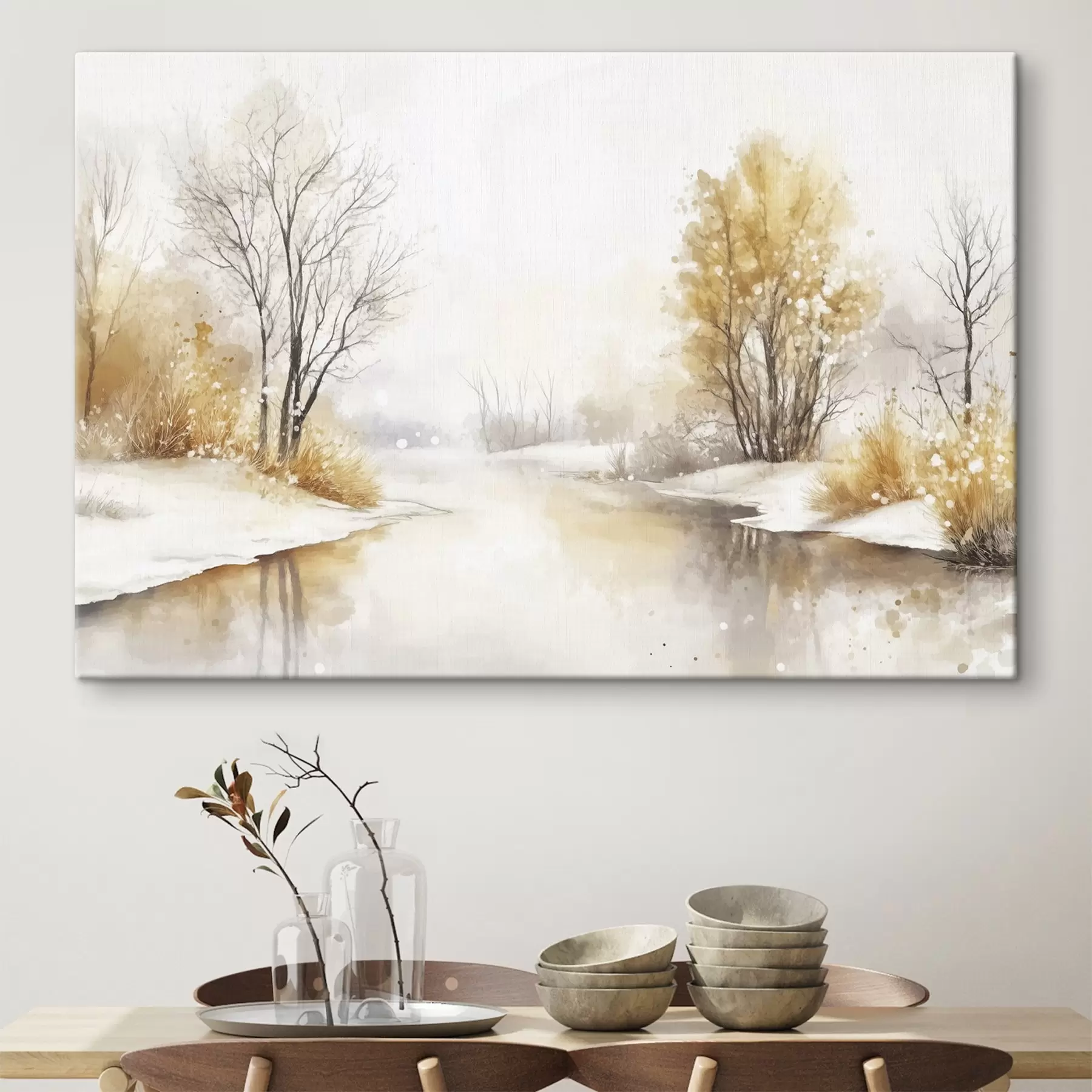 Fototapete Winterlandschaft, Fluss und Bäume, Aquarellstil, beige Farben s42376