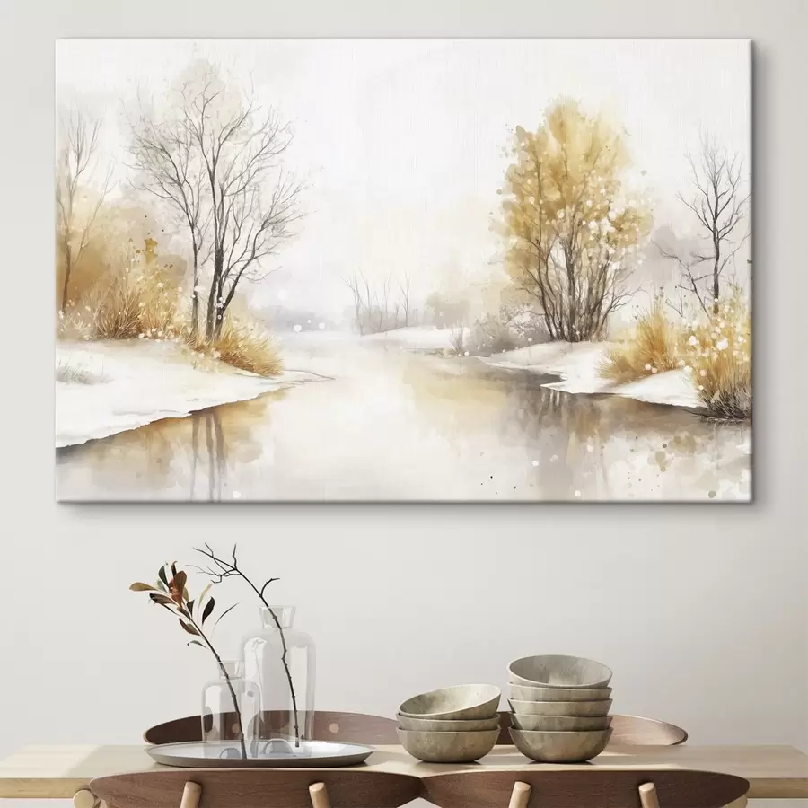 Wandbilder Winterlandschaft, Fluss und Bäume, Aquarellstil, beige Farben s42376