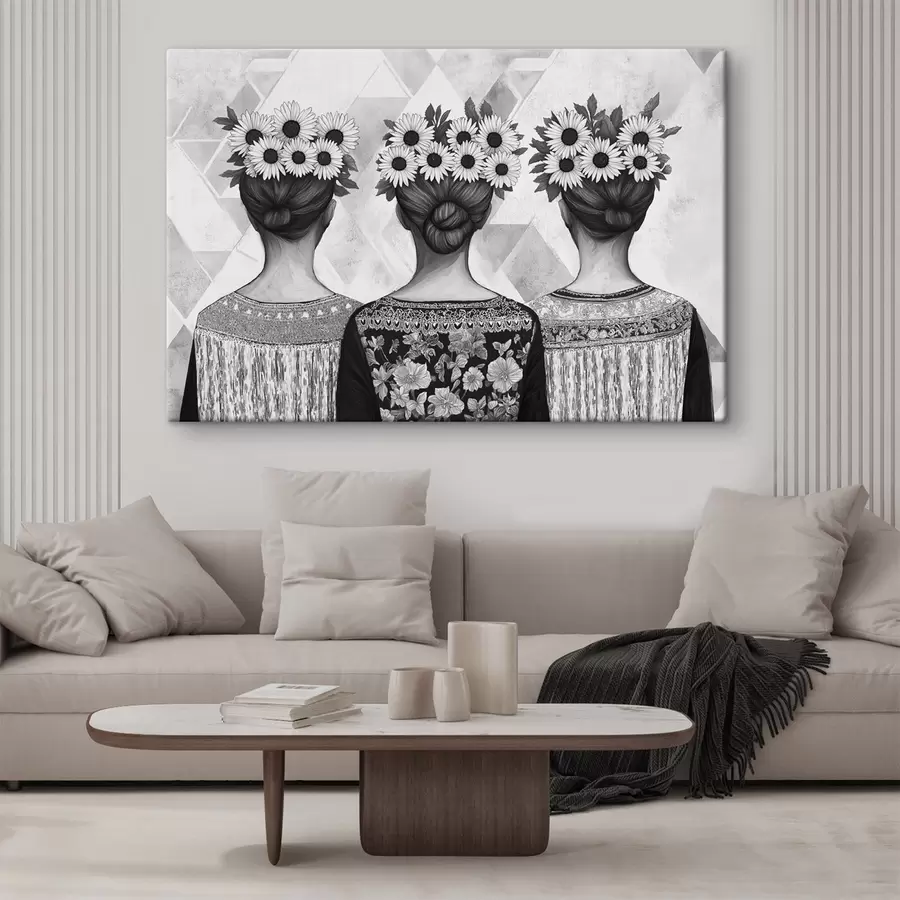 Wandbilder Drei Frauen in ethnischen Kleidungsstücken, Bleistiftzeichnung, Sonnenblumen s42377