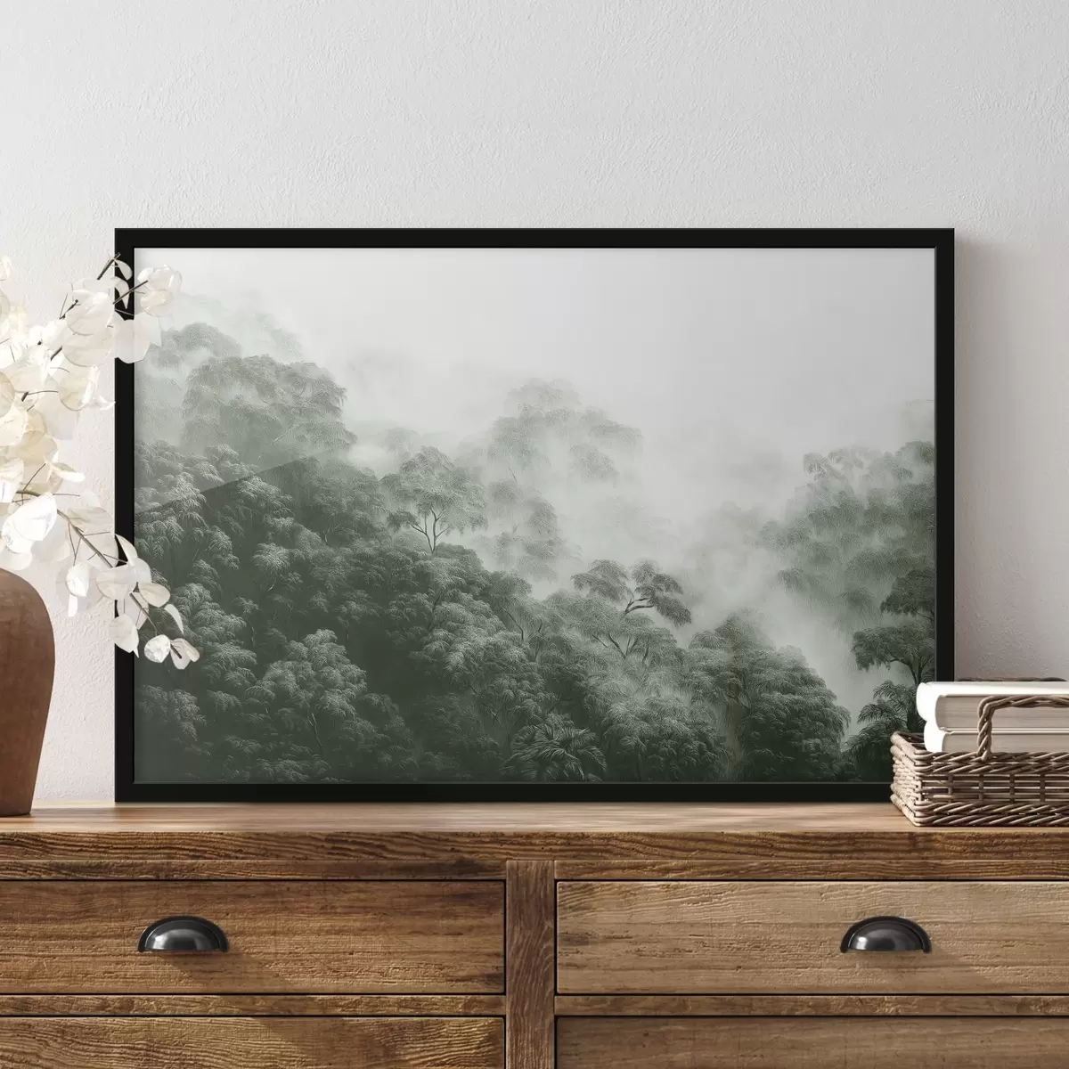 Poster Tropischer Wald im Nebel, Palmen, grüne Farben f42371