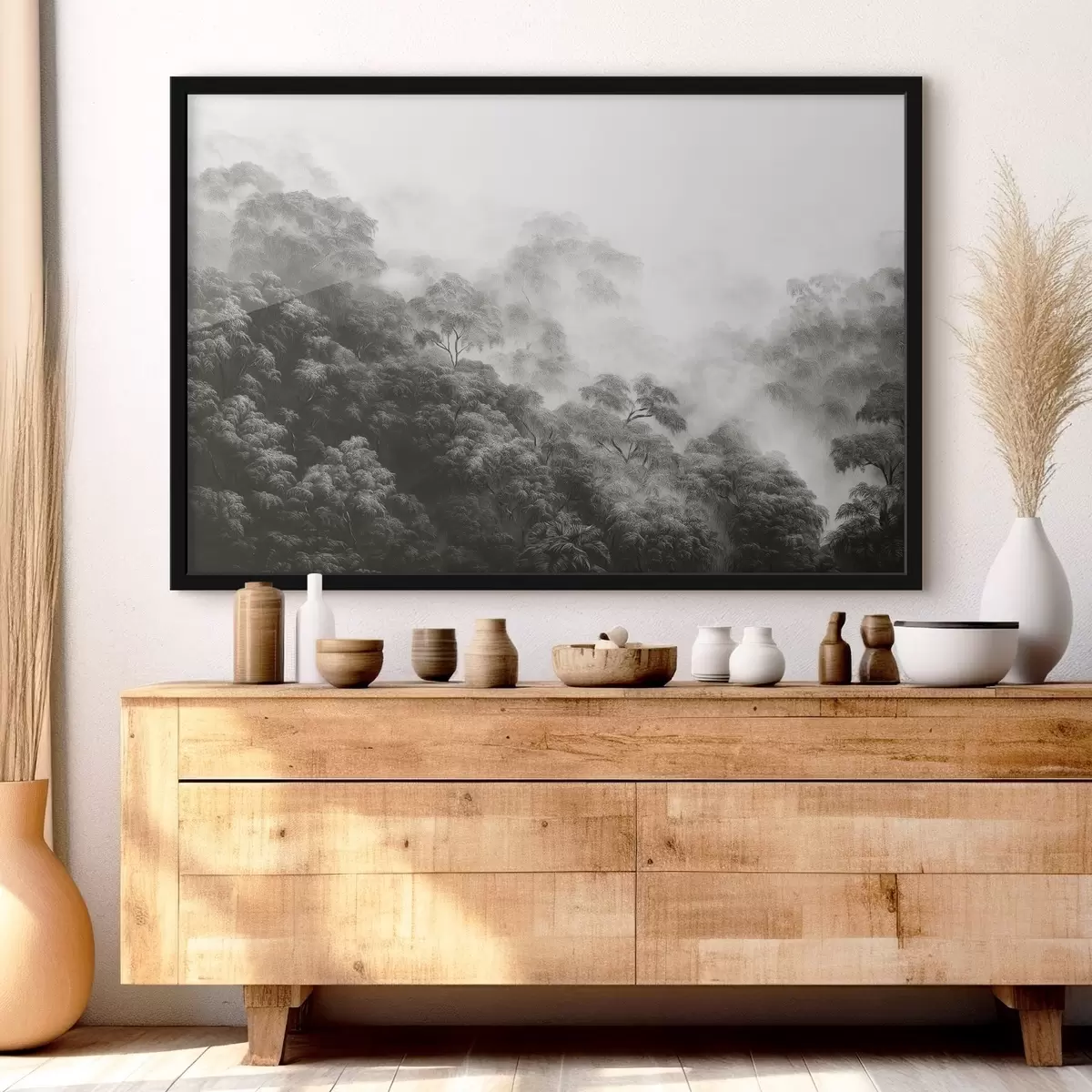 Poster Tropischer Wald im Nebel, Palmen, graue Farben f42371v1