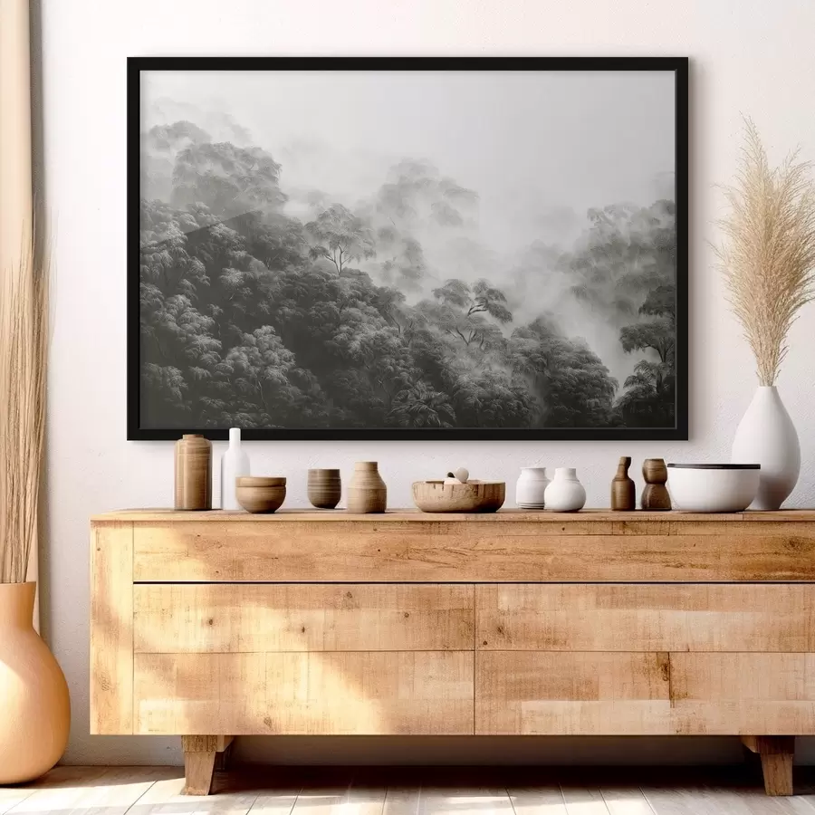 Fototapete Tropischer Wald im Nebel, Palmen, graue Farben f42371v1