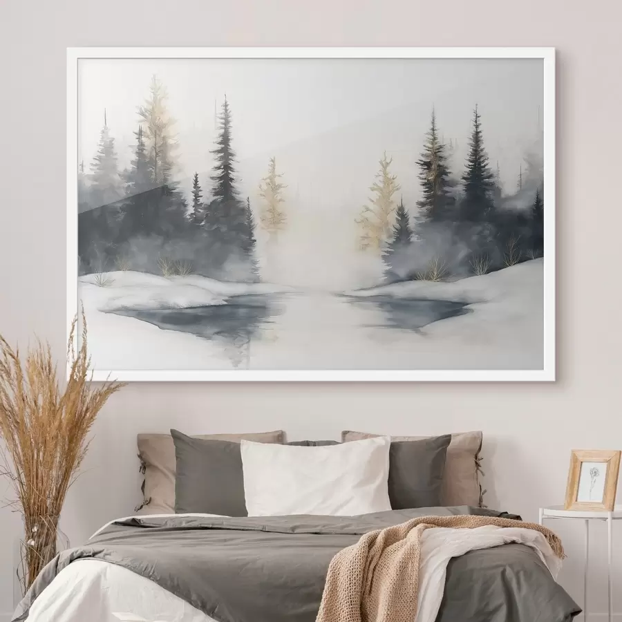 Fototapete Winterlandschaft mit Fluss und Kiefern, Natur, Wald, Nebel f42374