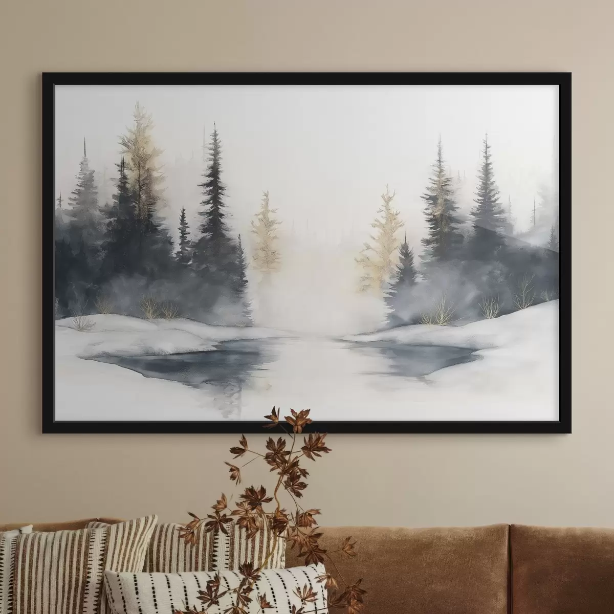 Poster Winterlandschaft mit Fluss und Kiefern, Natur, Wald, Nebel f42374