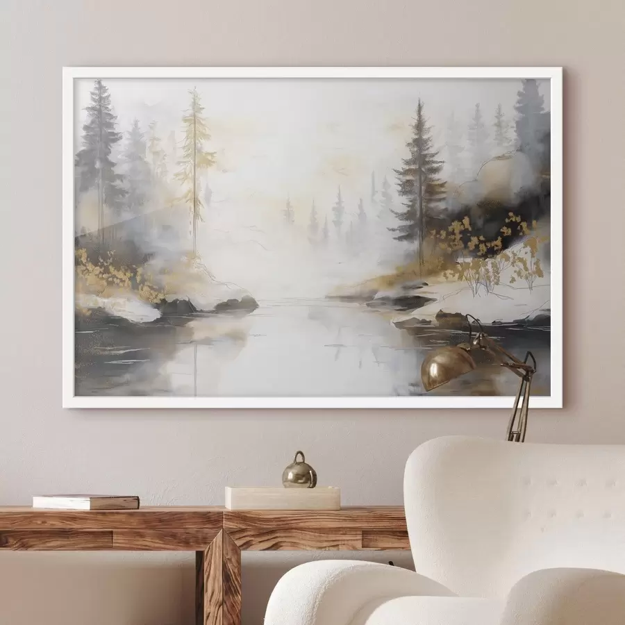 Fototapete Naturlandschaft mit Fluss, Wald und Kiefern, weiche Pastellfarben f42375