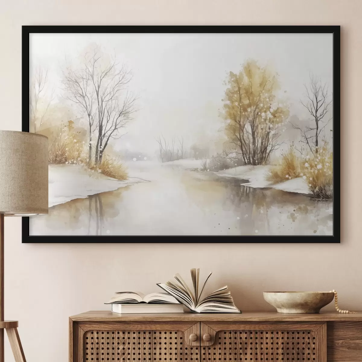 Poster Winterlandschaft, Fluss und Bäume, Aquarellstil, beige Farben f42376