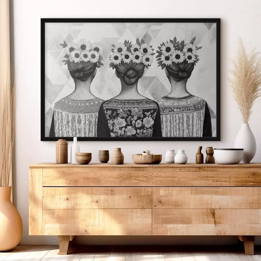 Fototapete Drei Frauen in ethnischen Kleidungsstücken, Bleistiftzeichnung, Sonnenblumen f42377