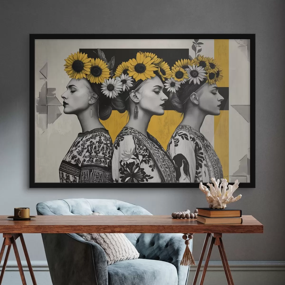 Poster Schöne Frauen in ethnischer Kleidung mit Sonnenblumenschlüsseln f42378