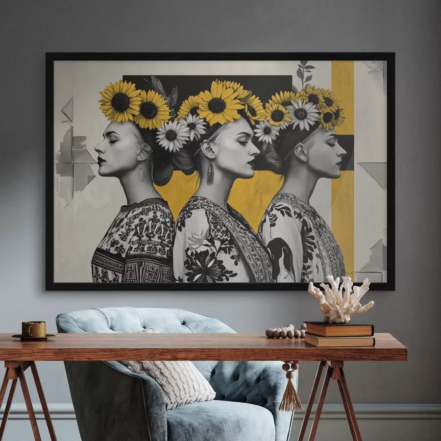 Fototapete Schöne Frauen in ethnischer Kleidung mit Sonnenblumenschlüsseln f42378