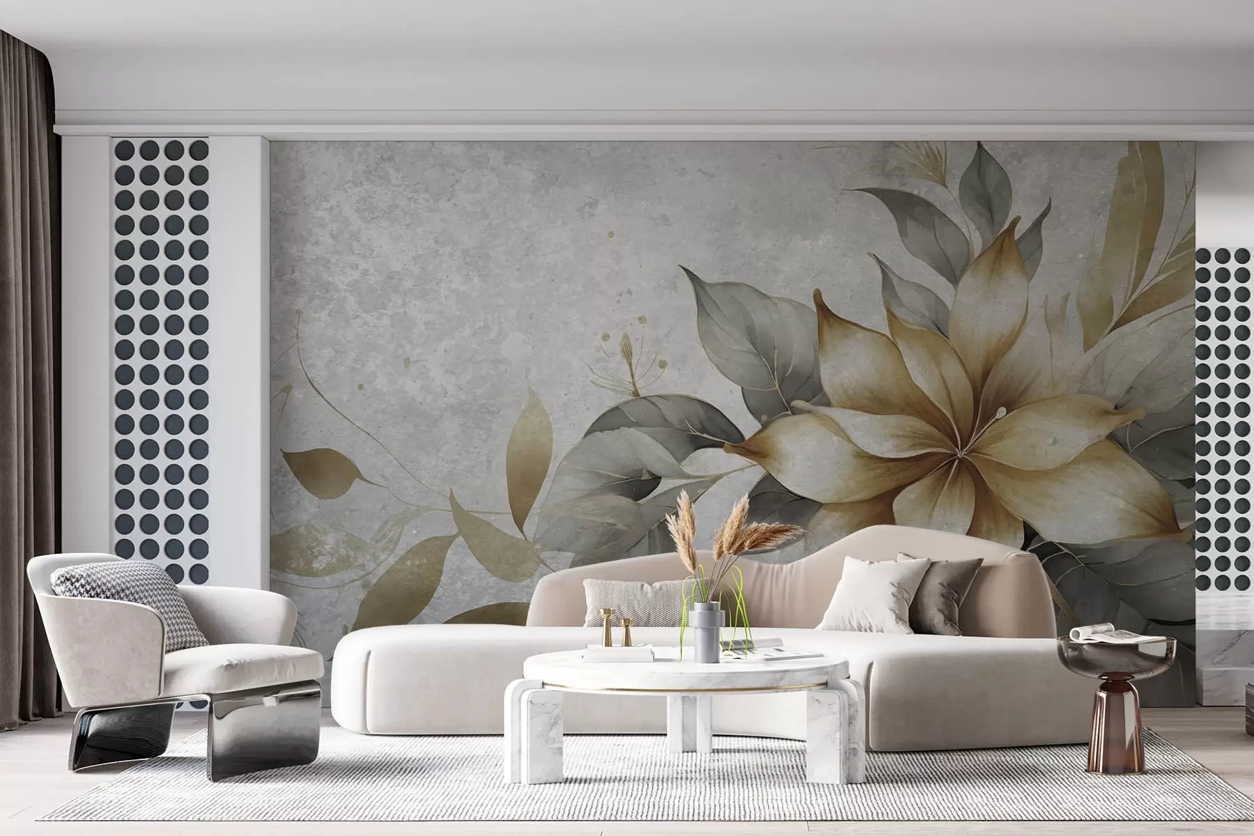 Fototapete Blumenzweig auf einem Hintergrund aus Betonimitation w08623