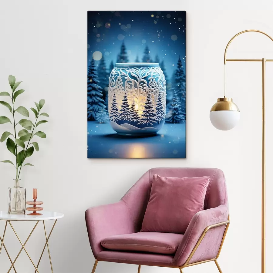 Wandbilder Kerze vor der Kulisse einer Winterlandschaft s42380