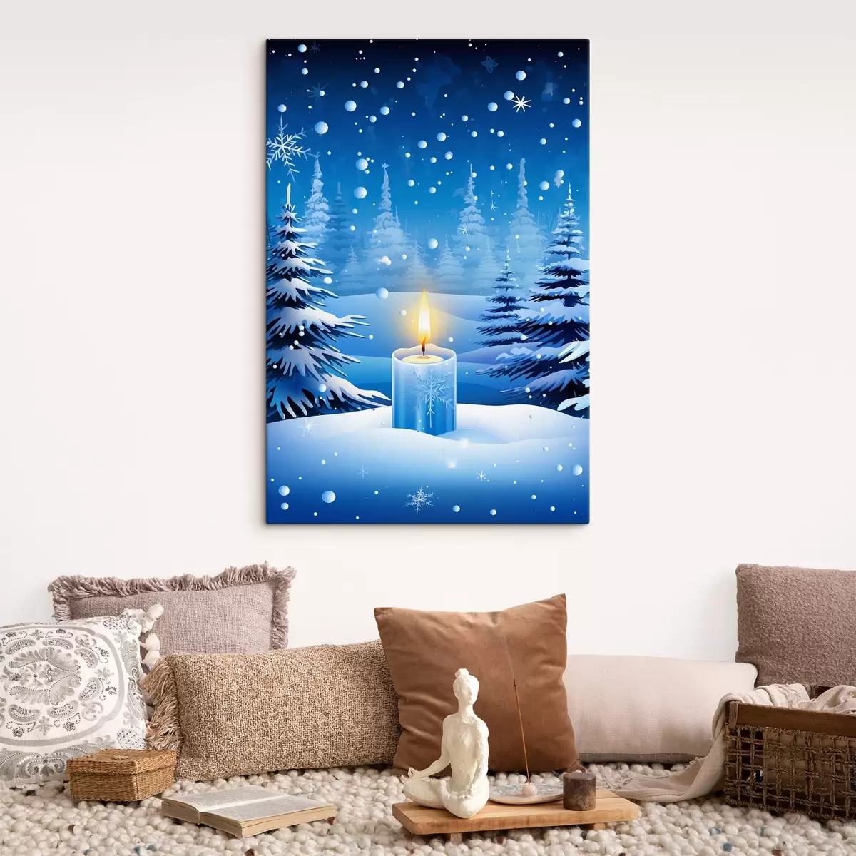 Wandbilder Kerze vor der Kulisse eines verschneiten Winterwaldes s42383