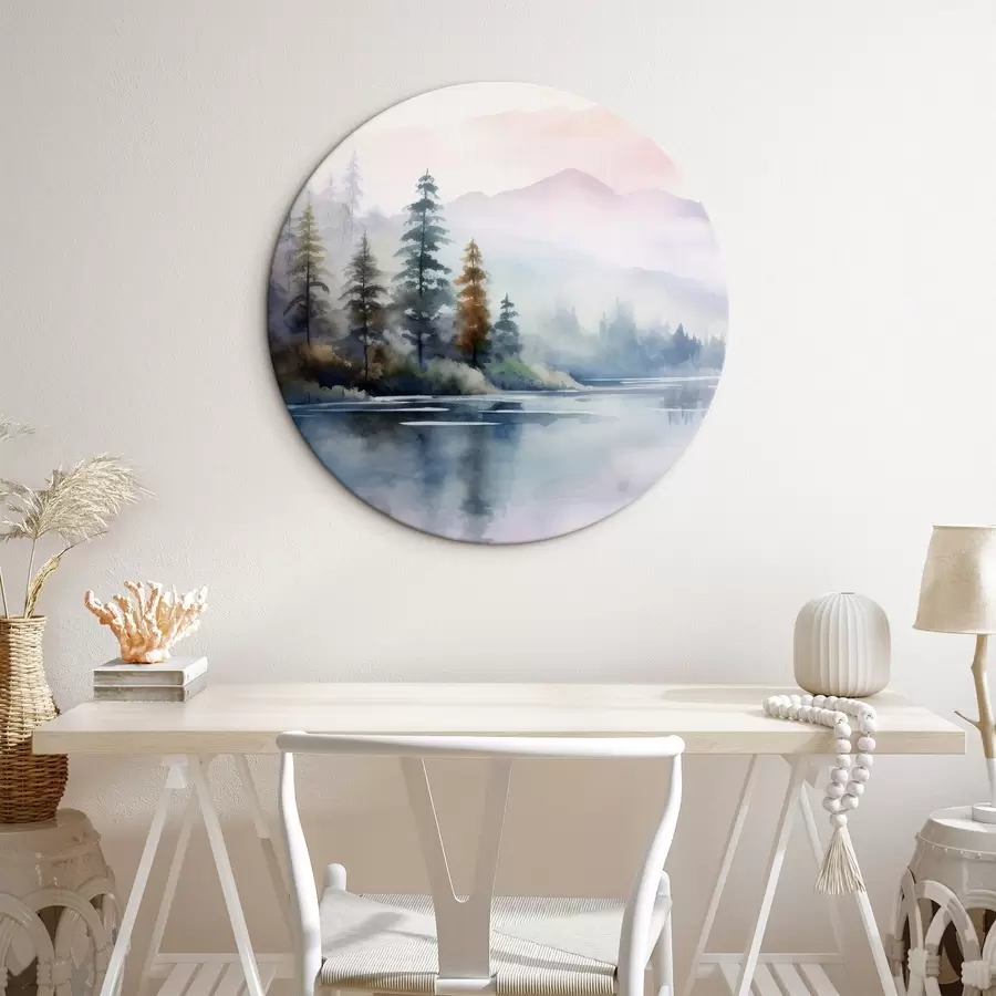 Wandbilder Wald im Nebel vor der Kulisse eines Sees r42384