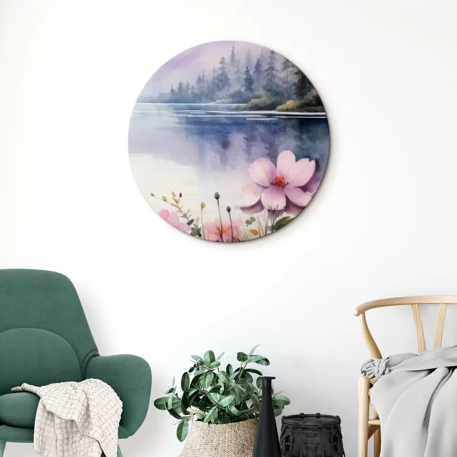 Wandbilder Rosa Blumen vor der Kulisse eines Bergsees r42393