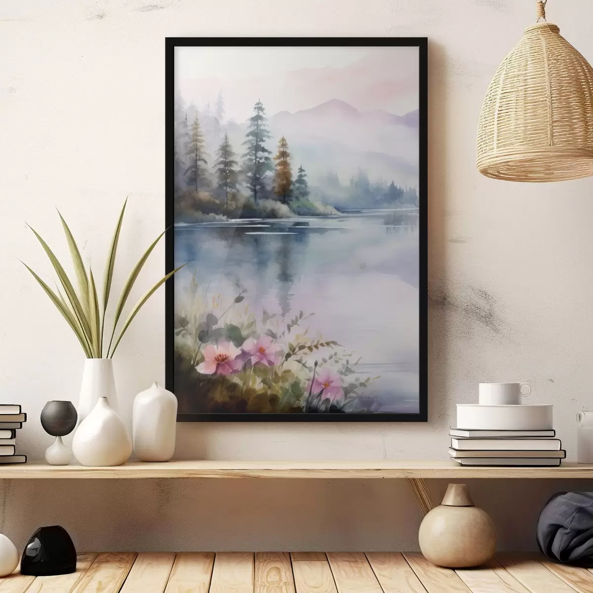 Poster Wald im Nebel vor der Kulisse eines Sees f42384