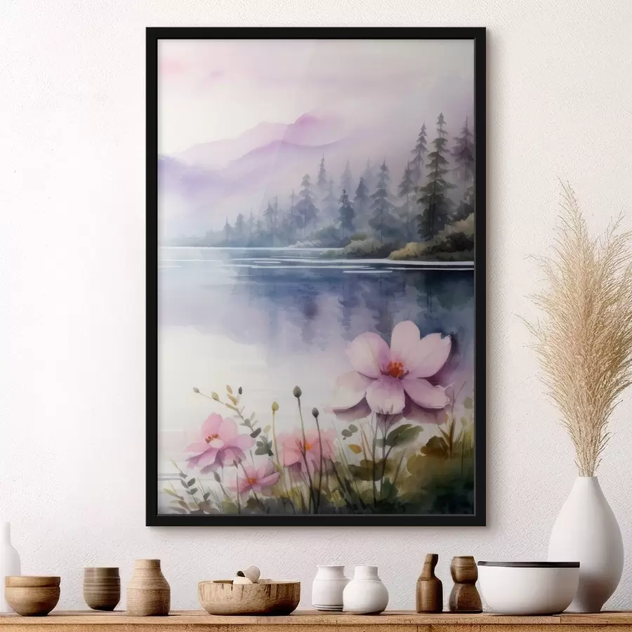 Fototapete Rosa Blumen vor der Kulisse eines Bergsees f42393