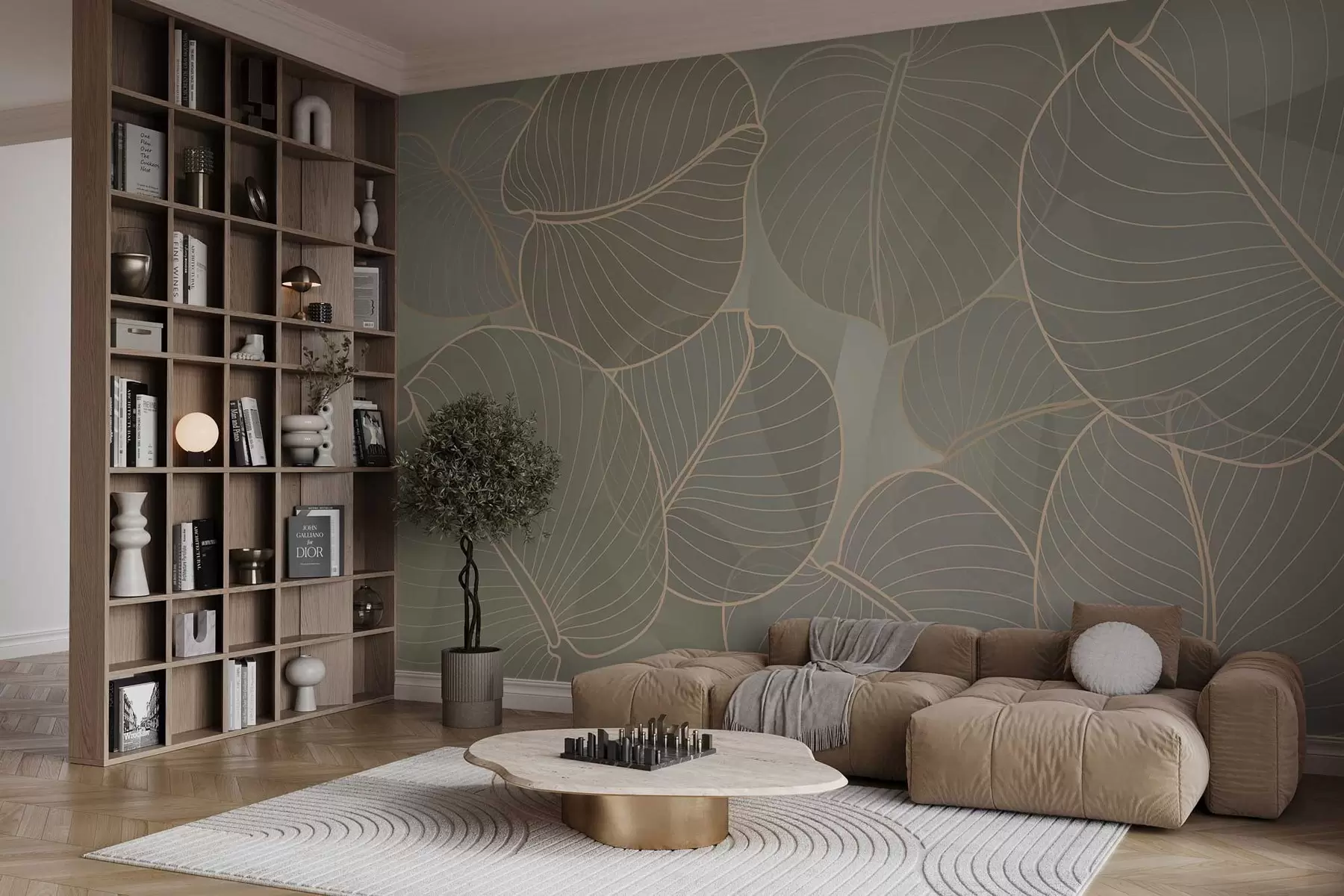 Fototapete lineares Laub der August-Lilie in Beigetönen w02768