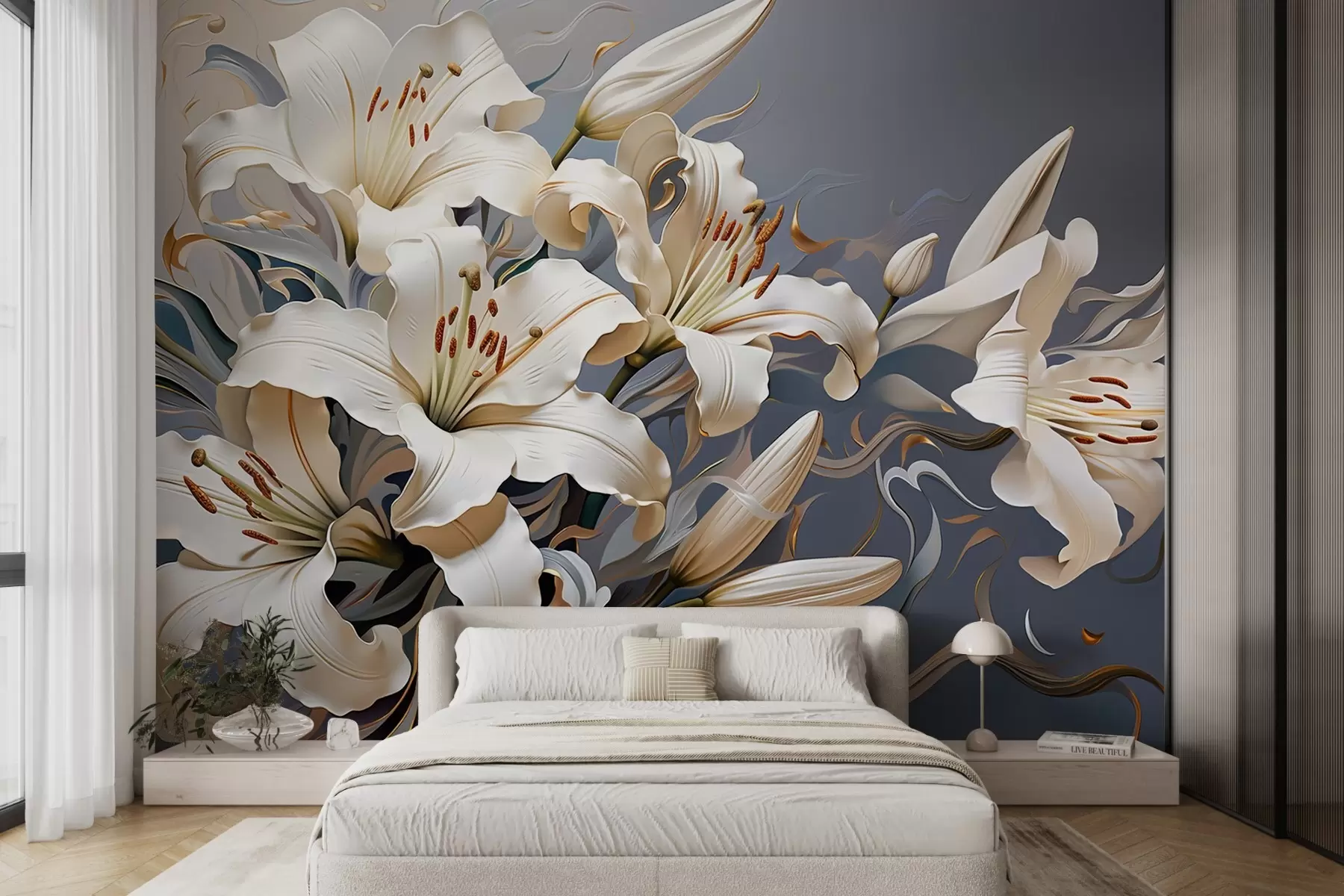 Fototapete Anspruchsvolle weiße Lilien auf grau-blauem Hintergrund w08633