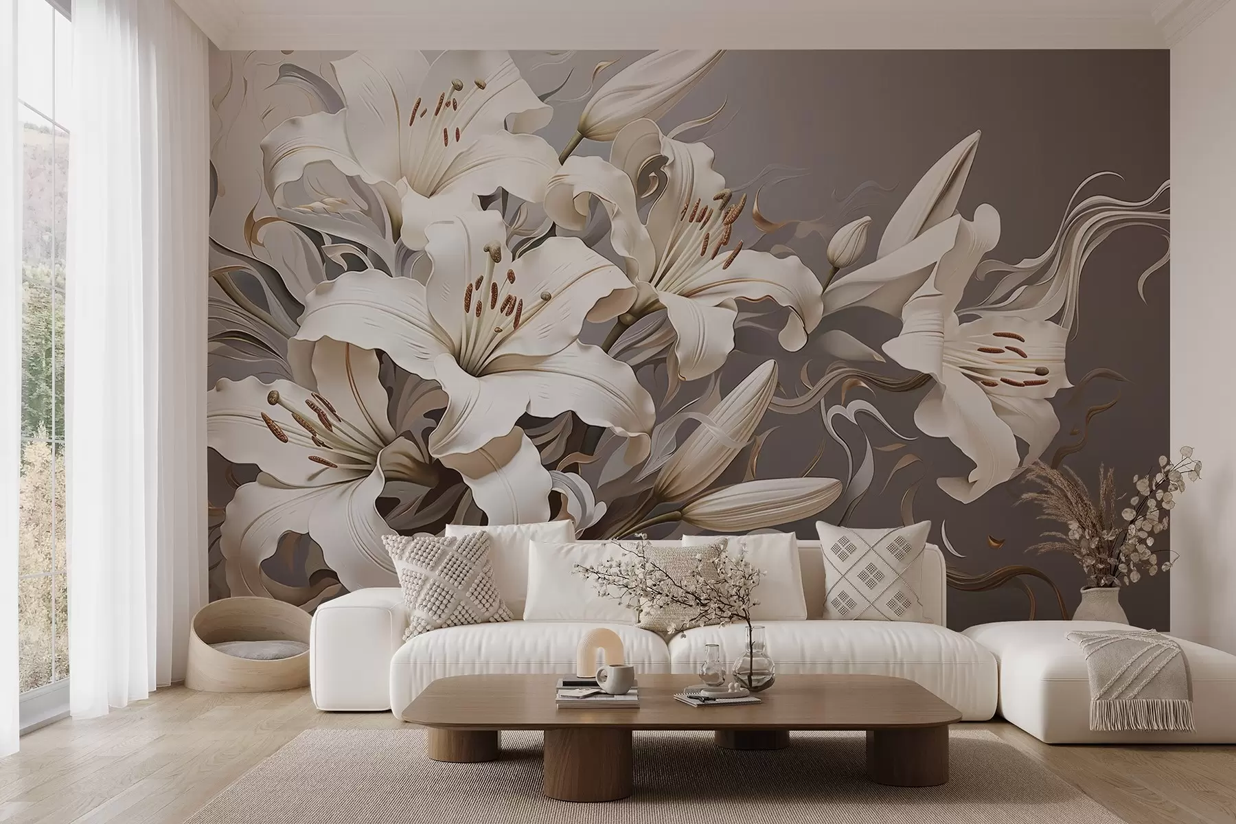 Fototapete Anspruchsvolle weiße Lilien in Pastelltönen w08633v1