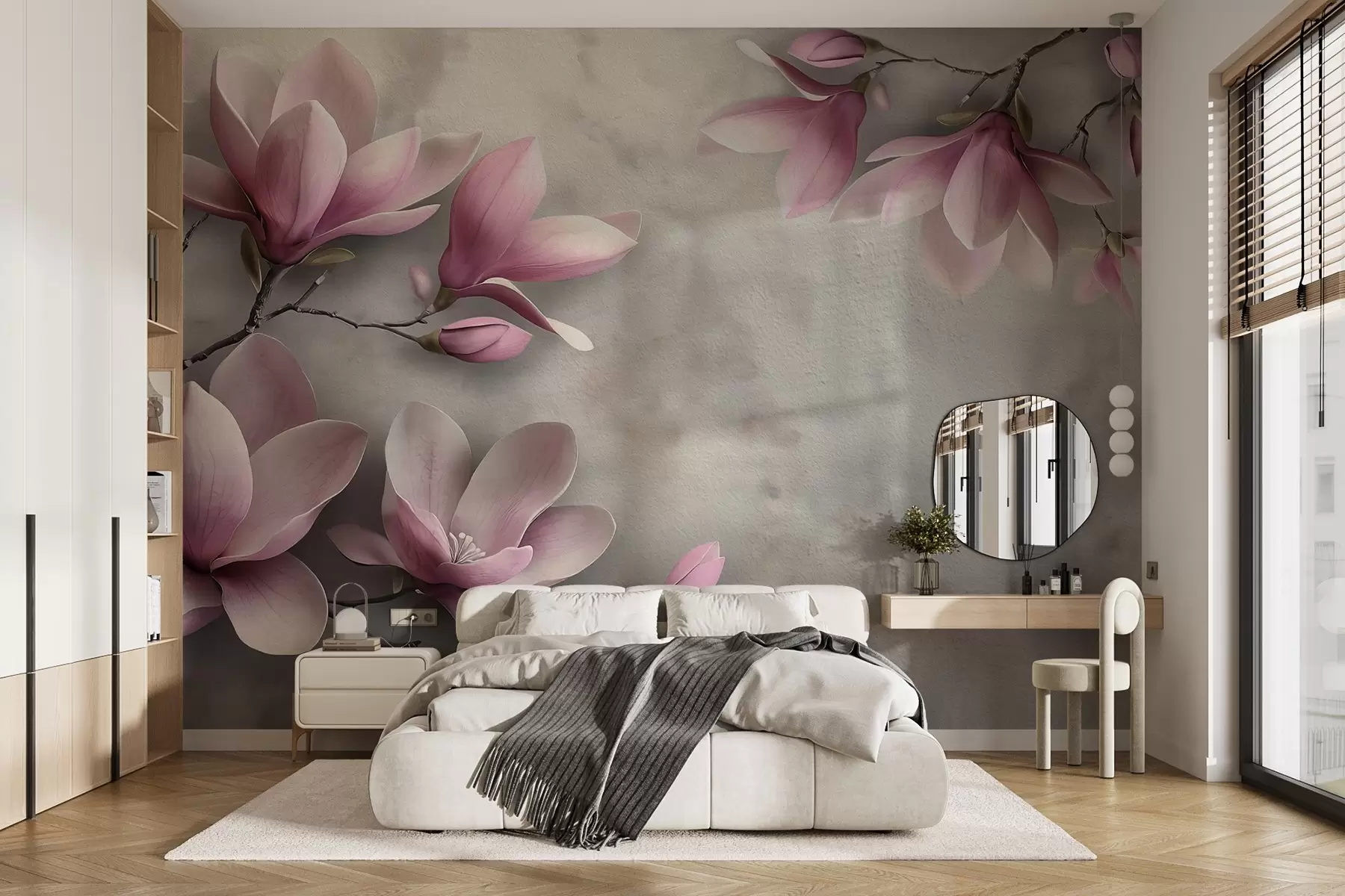 Fototapete Zartrosa Magnolien auf einer Betonwand in Grautönen w08636v1