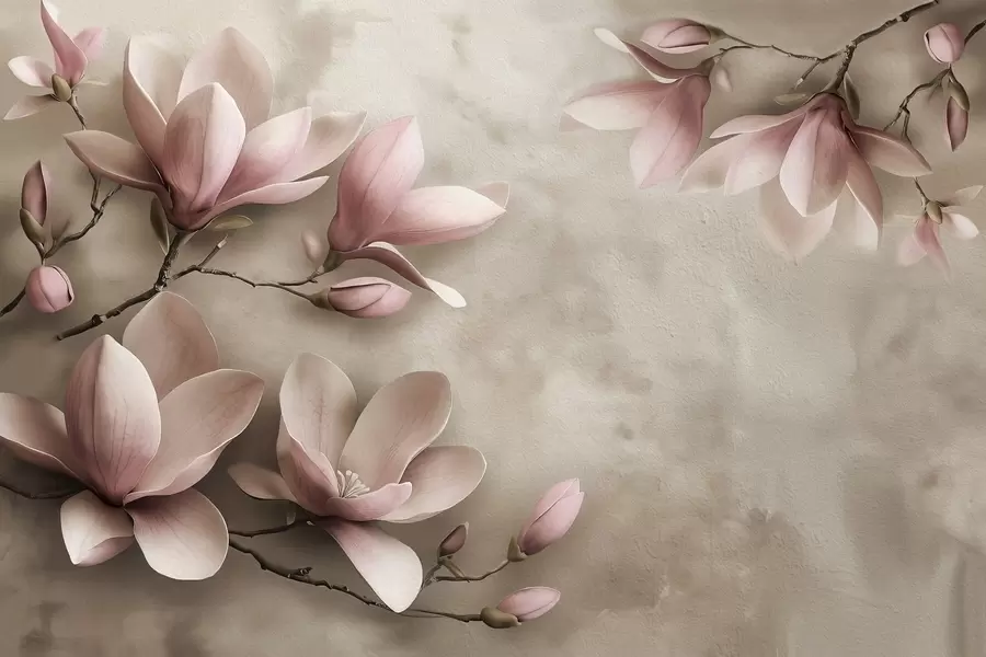 Fototapete Zartrosa Magnolien auf einer Betonwand in Sepiatönen w08636v2