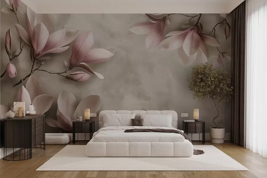 Fototapete Zartrosa Magnolien auf einer Betonwand in Sepiatönen w08636v2