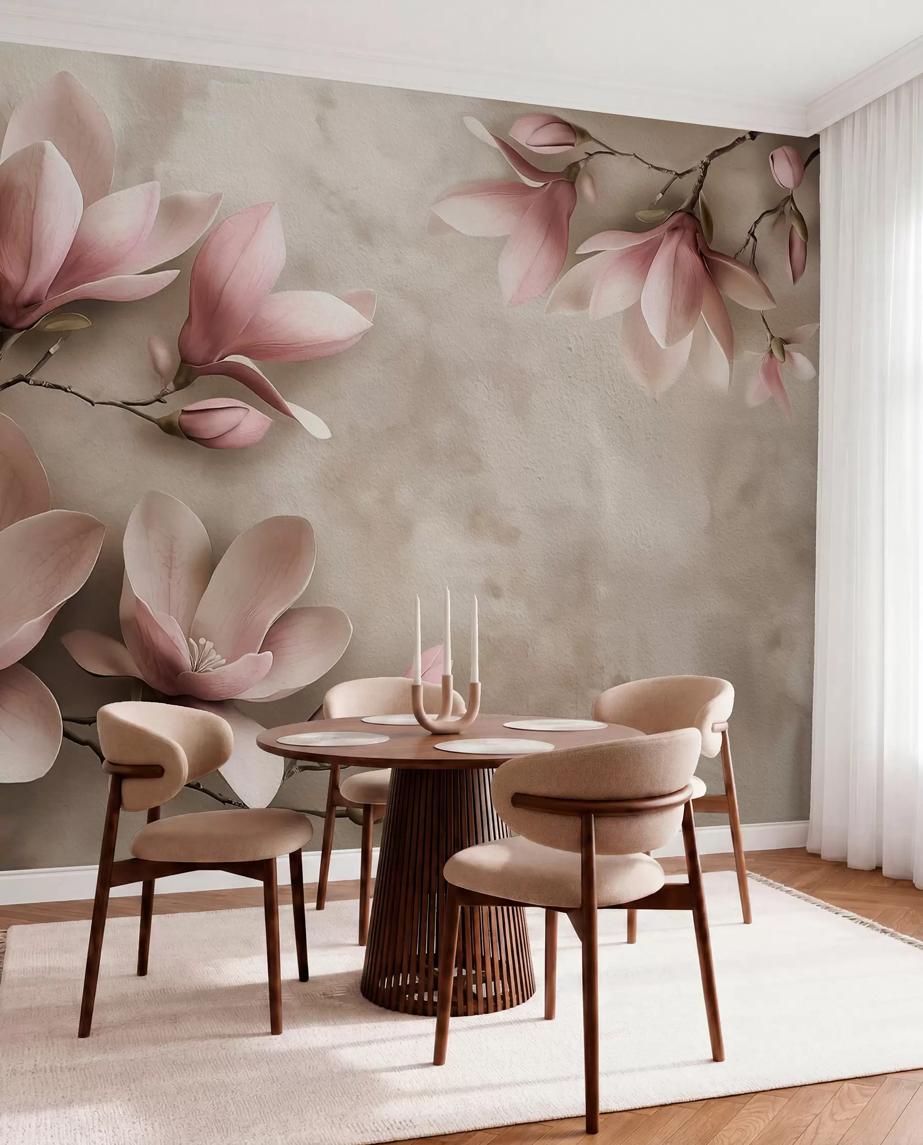 Fototapete Zartrosa Magnolien auf einer Betonwand in Sepiatönen w08636v2