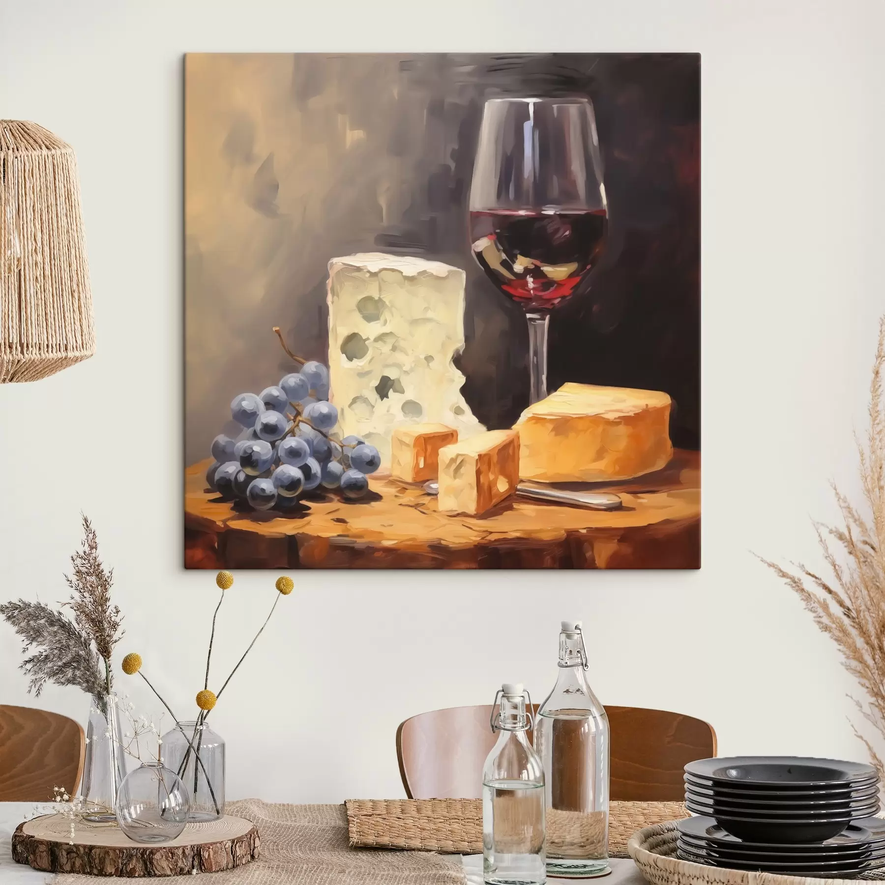 Wandbilder Glas Rotwein und Käse Nachahmung Malerei s42415